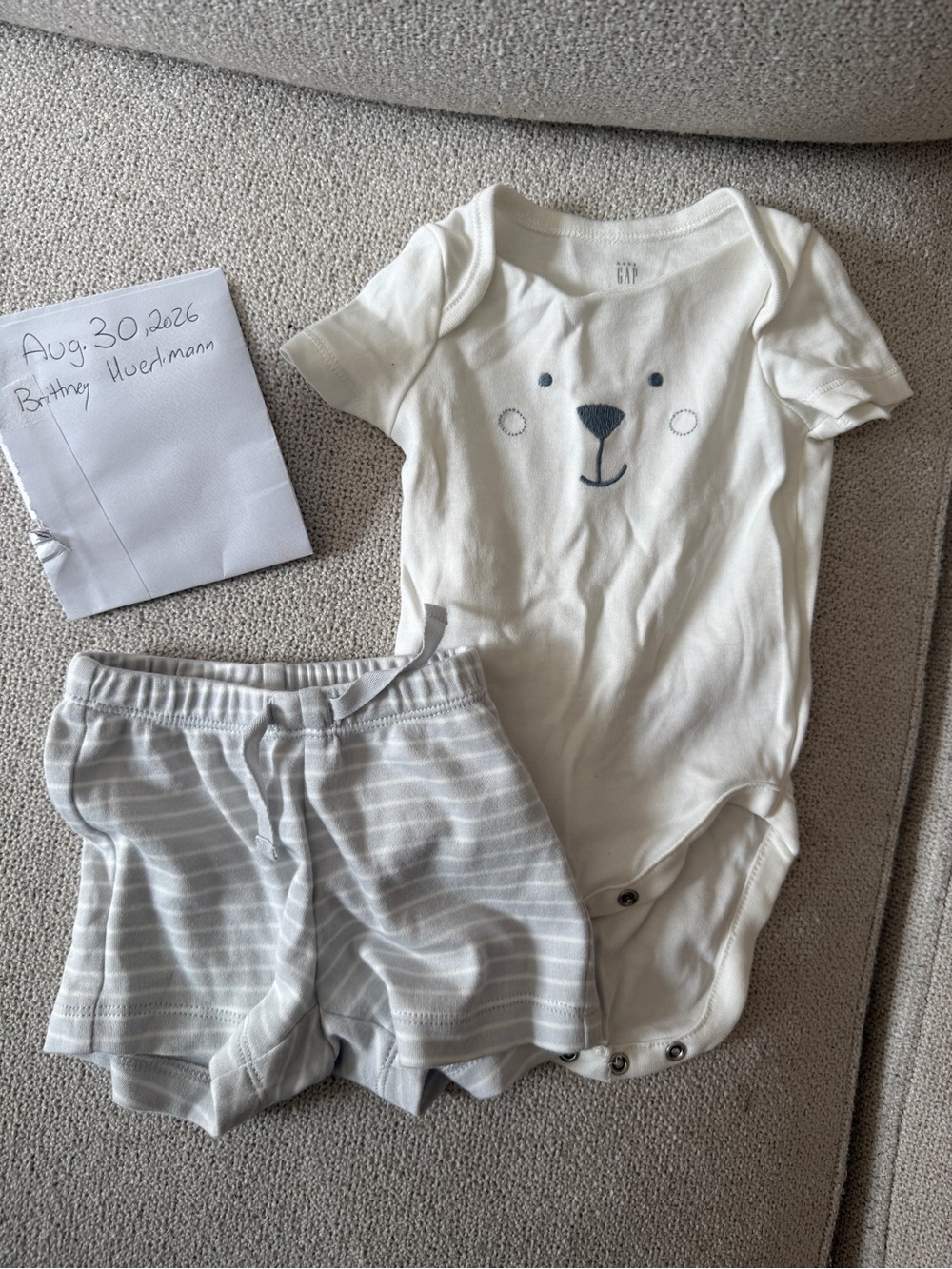 GAP White Bear Face Onesie with Light Gray Striped Shorts